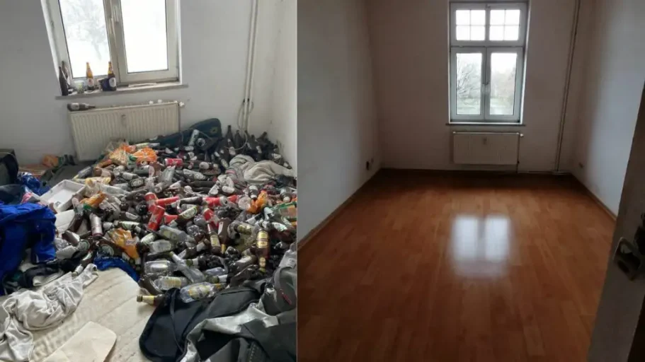 Vergleichsbild einer vermüllten Messie-Wohnung vor und nach der professionellen Entrümpelung durch Besenheld in Kaiserslautern